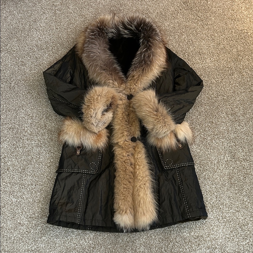 Fox Trim Metallic Green Tactel Stroller Coat (S)